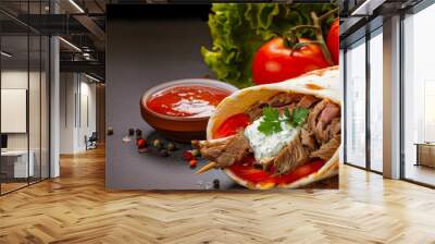 A delicious wrap filled with tender meat, fresh vegetables, and savory sauce, perfect for a quick meal or snack. Wall mural