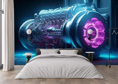 A detailed 3D model of a mechanical engine, showcasing intricate gears and pistons, designed in a futuristic cyberpunk style with neon accents, perfect for use as dynamic desktop wallpaper Wall mural