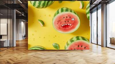 A fun pattern of cartoon-style watermelons with playful expressions, on a sunny yellow background, high-resolution photo, realistic photo, hyper realistic Wall mural