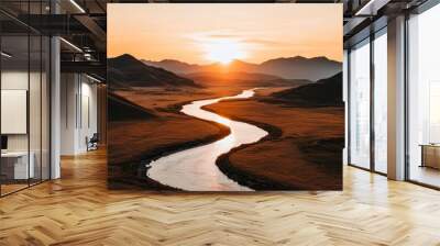 A golden hour landscape with the sun just above the horizon, casting everything in a soft, warm glow, from mountains to river Wall mural