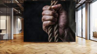 A hand grasping a rope, as if climbing or pulling something heavy Wall mural