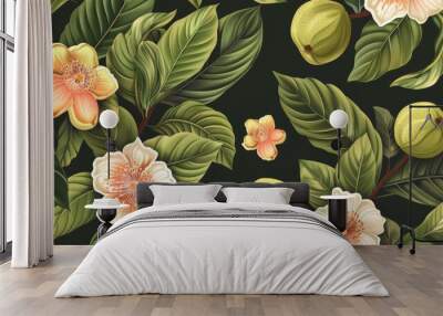 A lush, seamless pattern of guava with flowers and leaves, rendered in AI for a classic botanical illustration look Wall mural