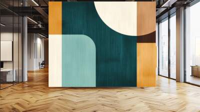 A mid-century modern design with abstract shapes and a retro color palette of mustard, teal, and brown Wall mural