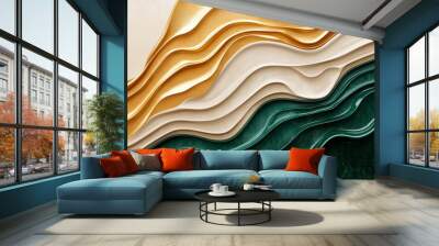 A mixture of shifting sand dunes, rippling water, and lush green forest textures, blending together in an abstract design Wall mural