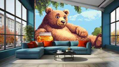 A pixel art cartoon bear with a jar of honey, lounging under a tree in the forest Wall mural