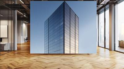 A reflective high-rise in the business district, its glass walls seamlessly blending into the surrounding skyline, creating a sleek, modern look Wall mural