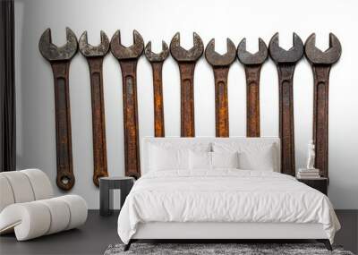 A set of rusty wrenches with worn handles, arranged in a row, isolated on a white background Wall mural