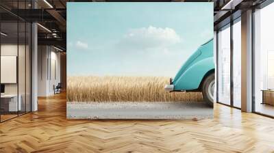 A vintage car parked on a rural road with fields of wheat swaying in the background Wall mural