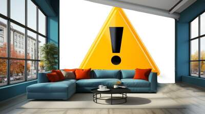 a yellow warning triangle with black exclamation mark, glossy finish, high detail, isolated on white background Wall mural