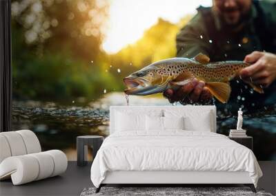 Action shot of a man in a river, holding a brown fish with a proud expression, water droplets sparkling as the fish is lifted from the river Wall mural