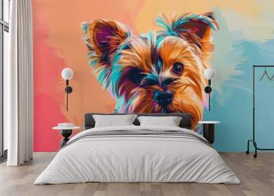 Adorable Yorkie in 80's op-art poster, avant-garde canvas painting, surrealism, muted colors, abstract shapes, artistic flair Wall mural