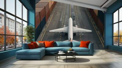 Aircraft taking off over container yard, intense perspective, firecore theme, photorealistic scenery Wall mural