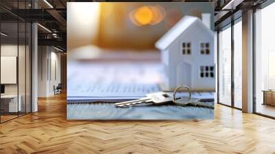 Approved mortgage loan paperwork on wooden desk, house keys and a miniature house model beside the documents, bright and inviting atmosphere, symbolizing successful home financing Wall mural