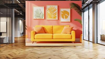 Artistic living room featuring yellow sofa, gallery wall, bright decor, warm lighting, ultra-detailed, 8K resolution, cozy and creative home design Wall mural