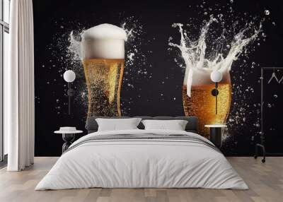 Beer glasses with frothy foam exploding in synchronized splash, crisp and vibrant lighting, dark moody background, high-resolution, perfect for beverage advertising Wall mural