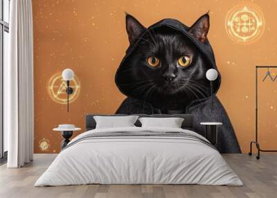 Black cat in a wizard s robe surrounded by glowing magical symbols, wizard cat, mysterious feline in costume Wall mural