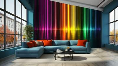 Bright rainbow light lines shining vertically, creating a gradient of vibrant colors on a dark background, representing energy and modern design Wall mural