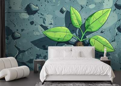 Cartoon drawing in flat design of a seed sprouting through concrete, symbolizing hope and innovation in cancer, top view, nature theme, pastel colors close up Wall mural