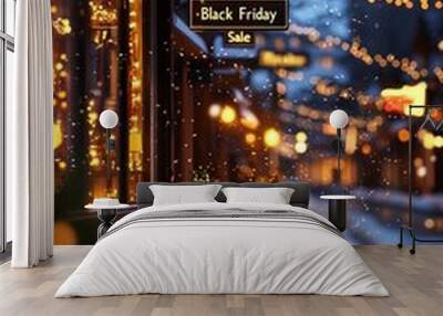 Christmas village scene with Black Friday sale banners, festive atmosphere, 3D illustration Wall mural