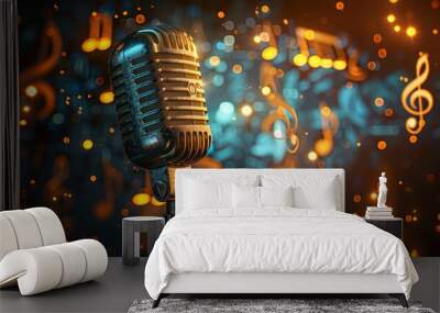 Classic gold microphone front and center with a backdrop of luminous musical notes and diffused warm bokeh lights, creating an enchanting musical scene Wall mural