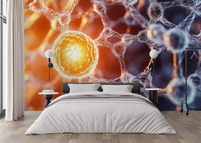 Close-up view of interconnected cells with glowing nucleus, showcasing intricate biological structures. Wall mural