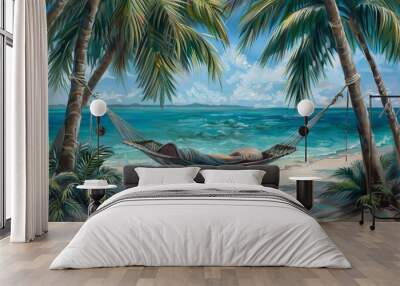 Closeup of a hammock between palm trees, turquoise water in the background, photorealistic, Composite, tropical beach backdrop Wall mural