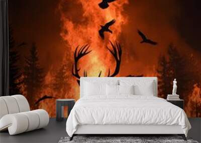 Deer, birds, and other wildlife escaping a forest engulfed in flames, illustrating the environmental toll of wildfires, ecological disaster concept Wall mural