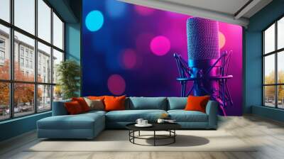 Dynamic lighting on studio microphone, vibrant pink and blue hues, high-quality sound recording equipment, podcast or vocal booth setting Wall mural