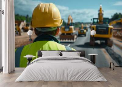 Engineer in safety vest and helmet overseeing highway construction, large machinery at work, clear blue sky, progress evident, rear view Wall mural