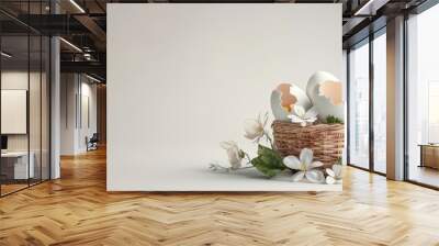 Fantasy-inspired basket on the right side with cracked eggshells, leaves, and flowers, capturing discovery, high-resolution photo, realistic photo, cinematography, hyper realistic Wall mural