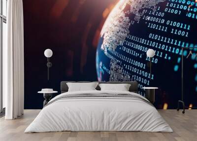 Floating globe surrounded by binary code top view depicting the digital exchange between continents robotic tone analogous color scheme Wall mural