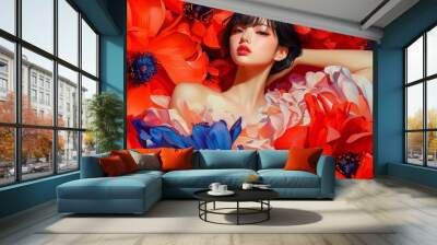 Full body oil painting of an elegant Asian woman in a ruffled skirt and floral blouse, holding a large bouquet, short hair with bangs, vibrant textured art. Wall mural