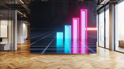 Futuristic neon bar chart, glowing bars on a glossy dark surface, symbolizing data growth and tech innovation, holographic grid lines in the background Wall mural