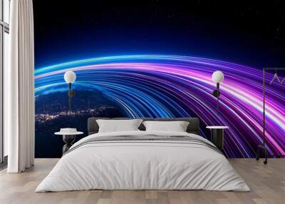 Globe with high-speed light trails wrapping around top view representing fast global data transfer cybernetic tone vivid Wall mural