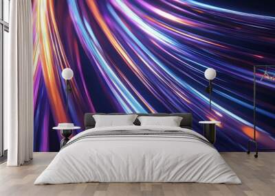 Glowing fiber optic strands in motion, emitting purple, orange, and blue light, data transmission concept, futuristic and dynamic energy flow Wall mural