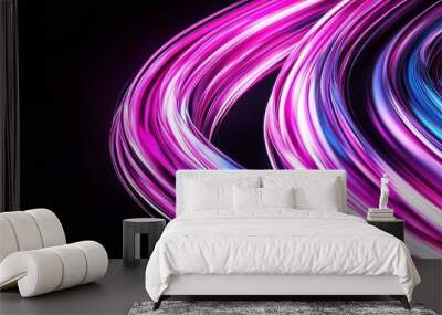 Glowing pink and blue light trails arching fluidly, blending into a dark background, representing futuristic design and dynamic movement Wall mural