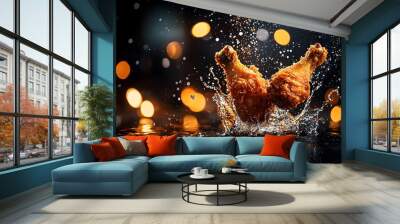 Golden fried chicken drumsticks splashing into a pool of liquid, crispy texture with dramatic water droplets, vibrant lighting, dynamic food photography Wall mural