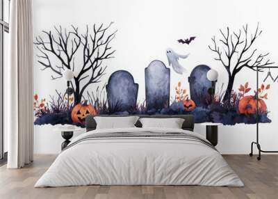 Halloween-themed illustration featuring gravestones, pumpkins, and a ghost against a white background. Wall mural