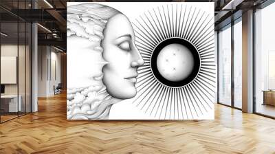 High-definition sketch of a sun tarot card, central mystical and divination symbols, black line art on a white background, detailed and clear Wall mural