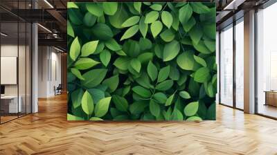 Illustrate a lush forest canopy from a high-angle view aerial perspective, emphasizing the play of light and shadow among the leaves in a realistic style Wall mural