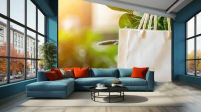 Illustration of eco bags hanging on a store display, promoting sustainable and reusable shopping options Wall mural