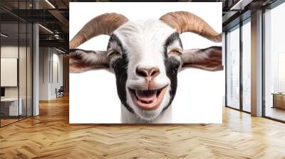 Laughing goat with big ears and horns, close-up shot against a white backdrop, expressive and comical animal portrait, cheerful and quirky mood Wall mural