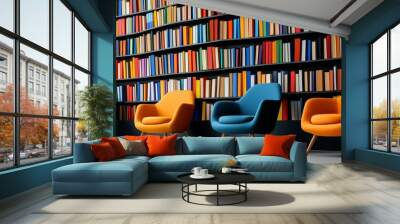 Library interior with a wall of colorful books, complemented by decorative lighting and cozy seating Wall mural