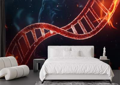 Macro shot of a DNA strand with glowing orange and red highlights, intricate textures, molecular biology in high definition Wall mural