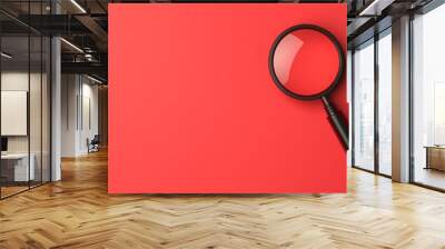 Magnifying glass over bullseye target, red background, sharp focus, 3D illustration Wall mural