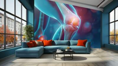 Medical 3D illustration showing the impact of sports injuries on knee joints, pain points emphasized Wall mural