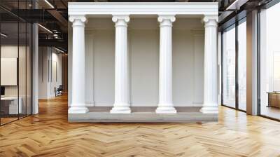 Minimalist Greek temple facade with six Doric columns, clean lines, and a white backdrop, highlighting classical architecture and symmetry Wall mural