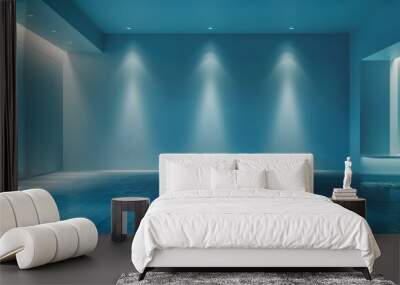 Minimalistic blue empty room with soft lighting and clean lines, a serene space perfect for background use, featuring sleek surfaces and modern design Wall mural