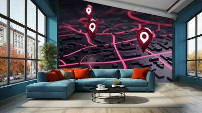 Neon city map overlay with pins marking strategic locations, showcasing the concept of digital navigation, urban growth, and tech-based mobility solutions Wall mural