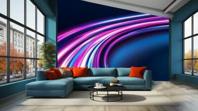 Neon light streaks in vibrant pink and blue curving gracefully on a dark background, representing speed and digital flow, futuristic energy Wall mural